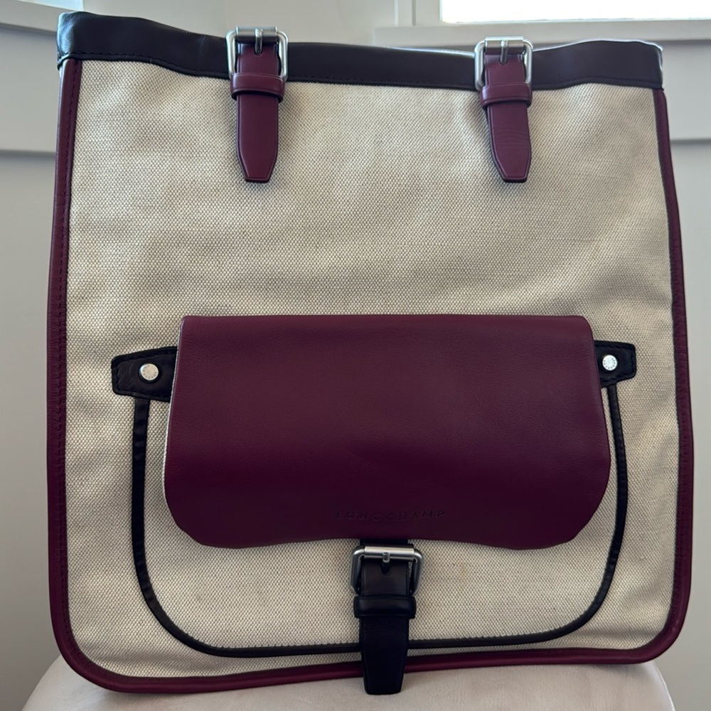 Chic Longchamp Balzane Canvas Tote with Purple and Cream calfskin trim